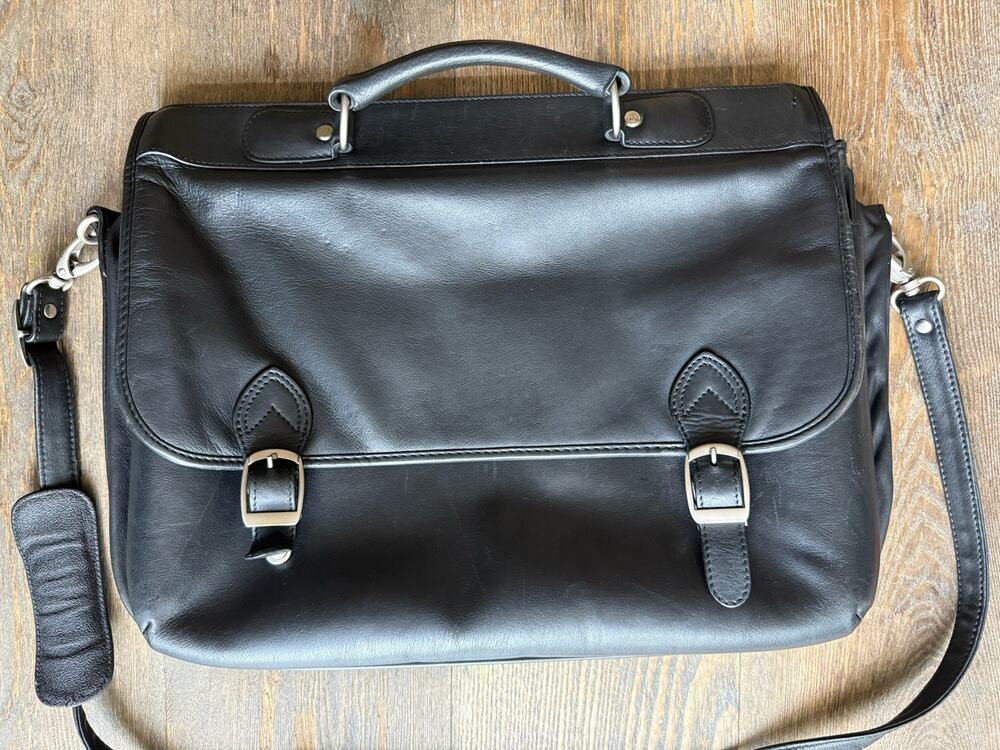 Dilana Black Leather Laptop Bag Briefcase Messenger Shoulder Bag Work Office EUC